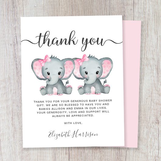 Elephant Twin Baby Girls Dusche Danke Karte