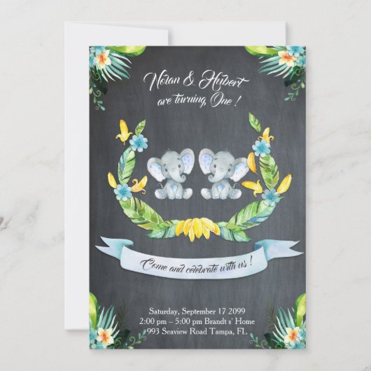 Elephant twin boy Invitation, Floral, Baby 1. Einladung (Vorderseite)