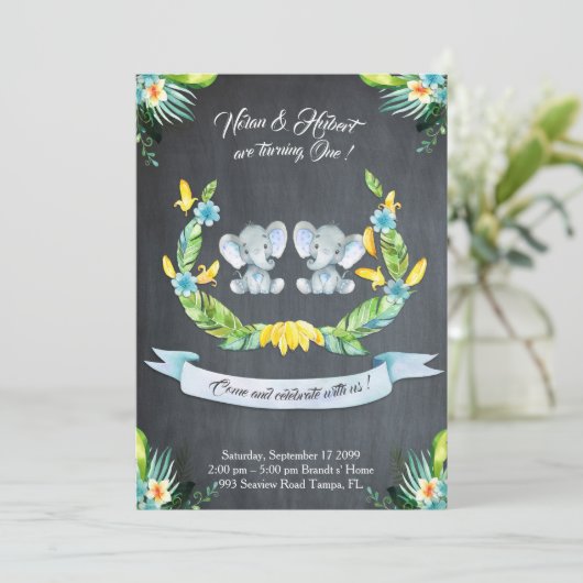 Elephant twin boy Invitation, Floral, Baby 1. Einladung (Stehend Vorderseite)