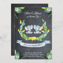 Elephant twin boy Invitation, Floral, Baby 1.