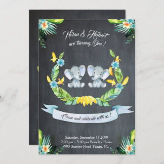 Elephant twin boy Invitation, Floral, Baby 1. Einladung