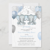 Elephant Twin Boys Balloon Virtual Baby Dusche Einladung (Vorderseite)