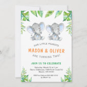 Elephant Twin Boys Birthday Little Peanuts Party Einladung (Vorderseite)