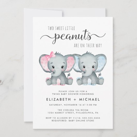 Elephant Twin Girl Boy Couples Kinderdusche Einladung (Vorderseite)