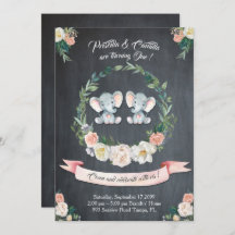 Elephant twin girl Invitation, Floral, Baby 1st