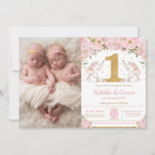 Elephant Twin Girls 1. Geburtstag Twins Foto Einladung (Vorderseite)