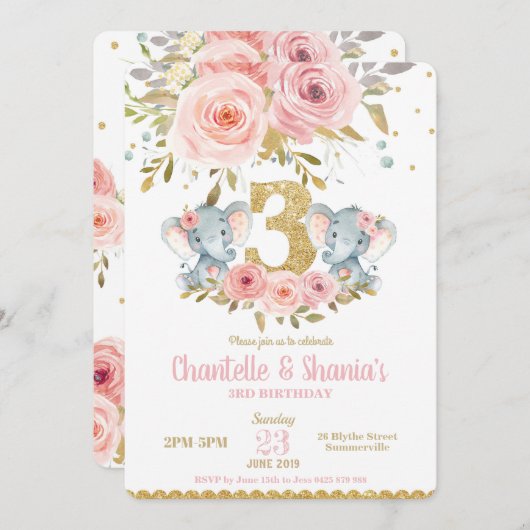 Elephant Twin Girls 3. Geburtstagseinladung Einladung (Vorne/Hinten)