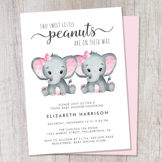 Elephant Twin Girls Babydusche Einladung