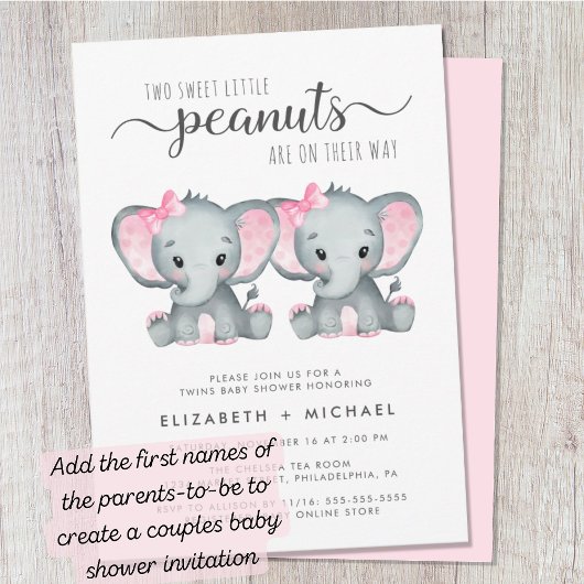 Elephant Twin Girls Babydusche Einladung