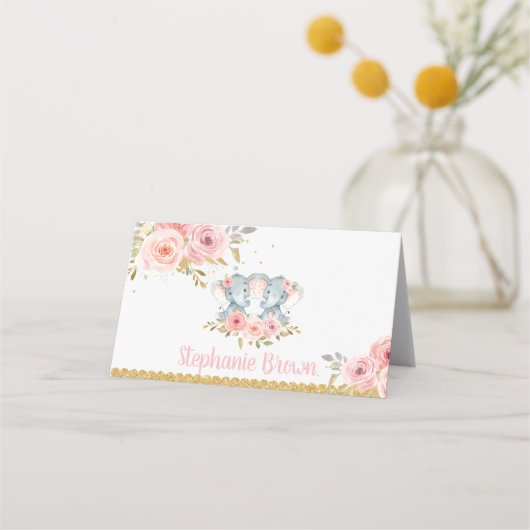 Elephant Twin Girls Babydusche Pink Floral Platzkarte (Vorderseite)