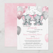 Elephant Twin Girls Balloon Virtual Baby Dusche in Einladung (Vorne/Hinten)