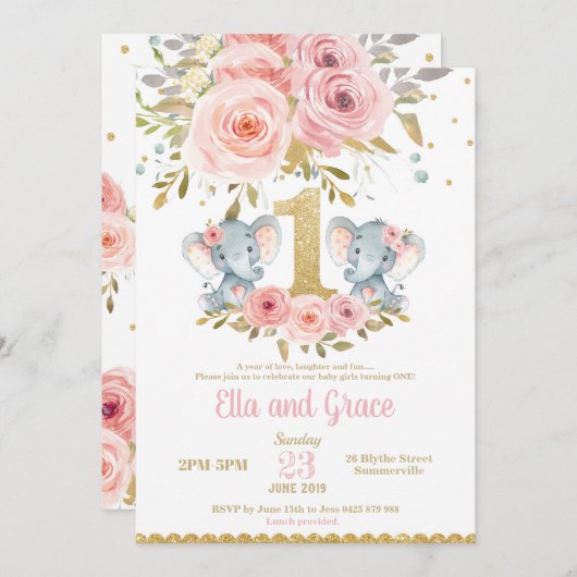 Elephant Twin Girls Einladung zum 1. Geburtstag (Vorne/Hinten)