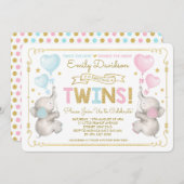 Elephant Twins Baby Dusche Blue Pink Gold Boy Girl Einladung (Vorne/Hinten)