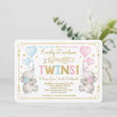 Elephant Twins Baby Dusche Blue Pink Gold Boy Girl Einladung (Stehend Vorderseite)