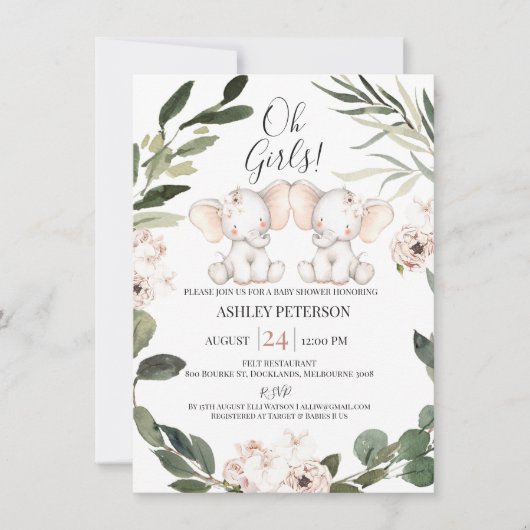 Elephant Twins Blumengrün Kinderdusche Einladung (Vorderseite)