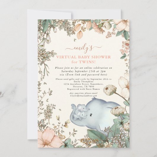 Elephant Twins Florals Coral Virtual Baby Dusche Einladung (Vorderseite)