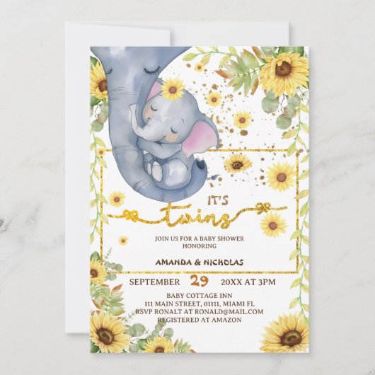 Elephant Twins Greenery Boho Baby Shower Einladung (Vorderseite)
