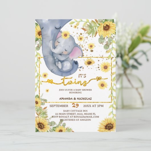 Elephant Twins Greenery Boho Baby Shower Einladung (Stehend Vorderseite)