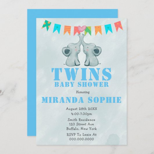 Elephant Twins Watercolor Baby Shower Einladungen (Vorne/Hinten)