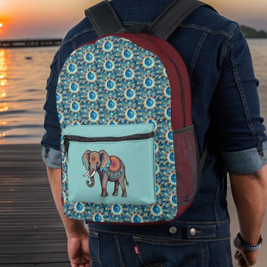 Elephant und Deep Aqua Rote Mandalase in Initialen Bedruckter Rucksack