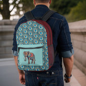 Elephant und Deep Aqua Rote Mandalase in Initialen Bedruckter Rucksack