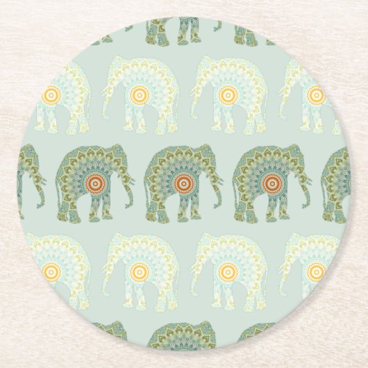 Elephant und Mandala in Light Green Runder Pappuntersetzer (Vorderseite)