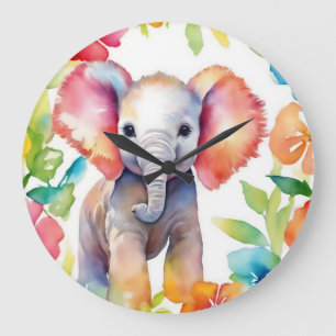Elephant Vibrany Watercolor Große Wanduhr