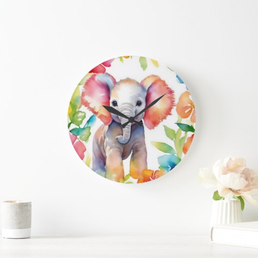 Elephant Vibrany Watercolor Große Wanduhr (Zuhause)