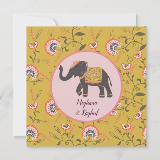Elephant Vintag Yellow Pattern Indian Wedding Einladung (Vorderseite)