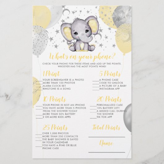 Elephant Was ist auf Ihrem Handy Baby Shower Game? (Vorderseite)