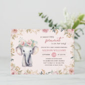 Elephant Watercolor Floral Girl Babydusche Einladung (Stehend Vorderseite)