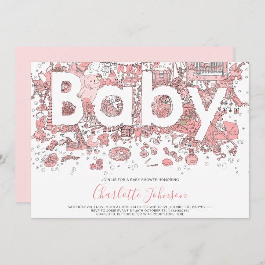 Elephant Watercolor Pink Baby Dusche Einladung (Vorne/Hinten)