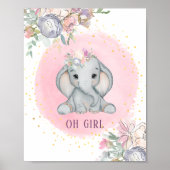Elephant Watercolor Pink Floral Baby Girl Kinderzi Poster (Vorne)