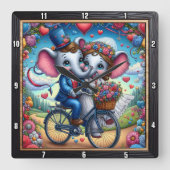 Elephant Wedding Bicycle Romantic Quadratische Wanduhr (Vorderseite)