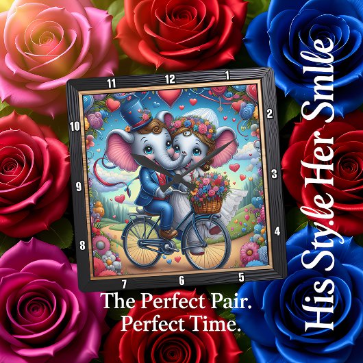 Elephant Wedding Bicycle Romantic Quadratische Wanduhr