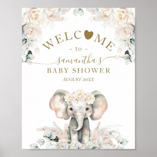 Elephant White Roses Boho Pampas Baby Girl Dusche Poster (Vorne)