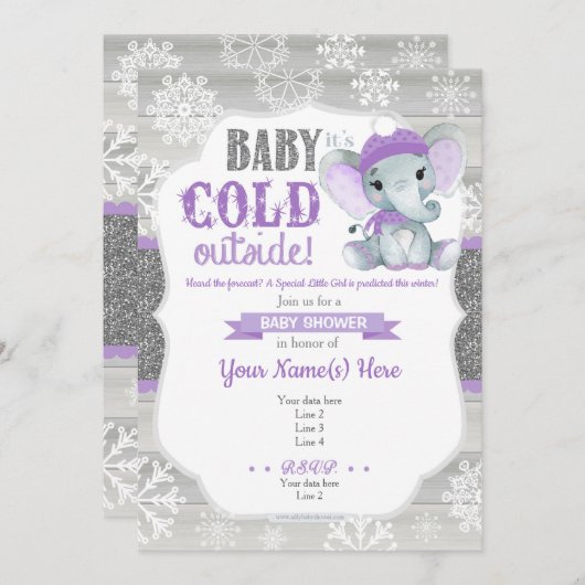 Elephant Winter Einladung für Mädchendusche Lila (Vorne/Hinten)