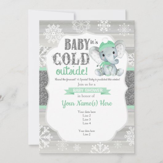 Elephant Winter Einladung MintNeutral Baby Dusche (Vorderseite)