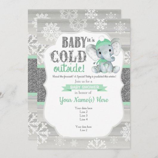Elephant Winter Einladung MintNeutral Baby Dusche (Vorne/Hinten)