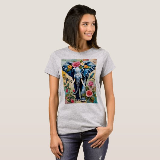 Elephant With Roses And Dragonflies Patchwork T-Shirt (Vorne ganz)