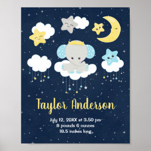 Elephant Yellow and Navy Baby Bircy Statistics Poster