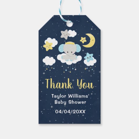 Elephant Yellow and Navy Baby Dusche Vielen Dank Geschenkanhänger (Vorderseite)