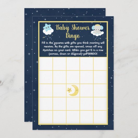 Elephant Yellow and Navy Baby Shower Bingo Einladung (Vorne/Hinten)