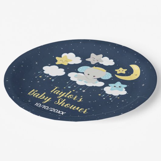 Elephant Yellow and Navy Baby Shower Pappteller (Schrägansicht)