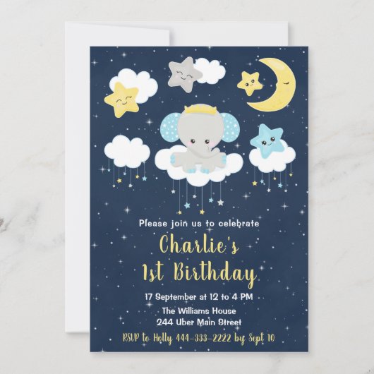 Elephant Yellow and Navy Blue Birthday Party Einladung (Vorderseite)