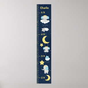 Elephant Yellow and Navy Growth Chart Poster