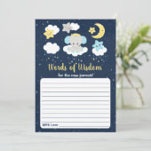 Elephant Yellow Navy Baby Shower Worte der Weishei Einladung (Stehend Vorderseite)