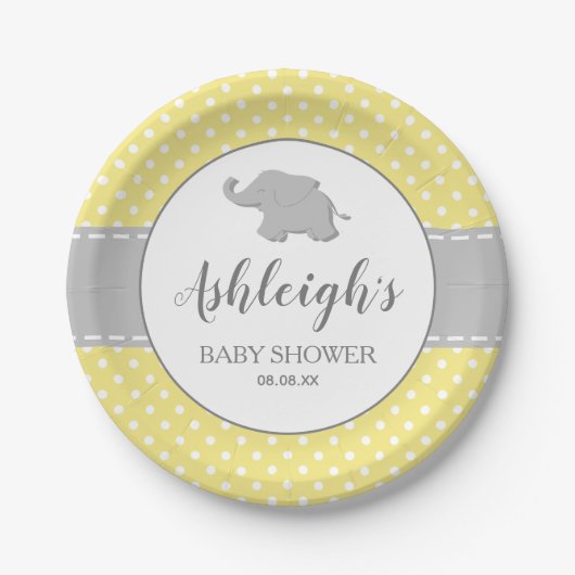 Elephant Yellow Polka Dot Baby Dusche Pappteller (Vorderseite)
