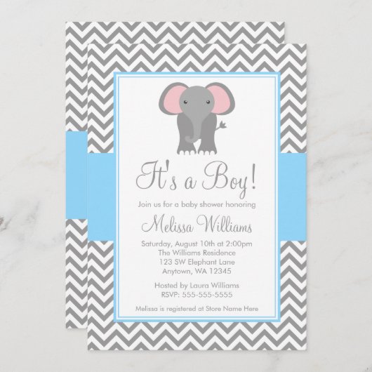 Elephant Zickzack Light Blue Gray Baby Dusche Einladung (Vorne/Hinten)