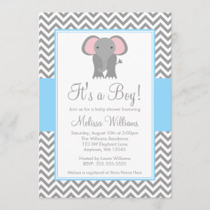 Elephant Zickzack Light Blue Gray Baby Dusche Einladung